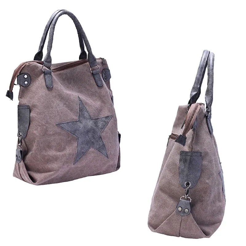 Canvas Women Shoulder Bag with Star on Front / Large Capacity Matte Leather Vintage Style Women Bag