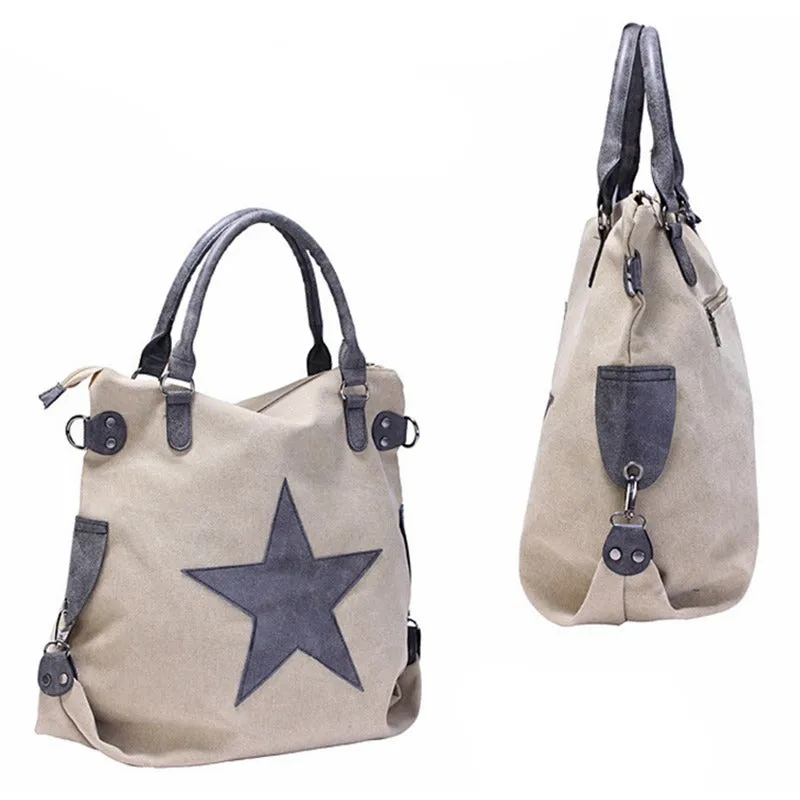 Canvas Women Shoulder Bag with Star on Front / Large Capacity Matte Leather Vintage Style Women Bag