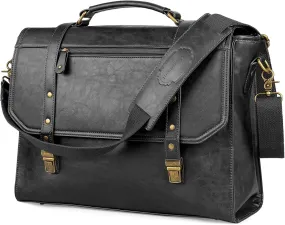 Mens messenger bag 15.6 inch, Waterproof Faux Leather Laptop Briefcase Large Computer Laptop Bag Leather Satchel Bag Retro Shoulder Bag for Office Business Travel College Black