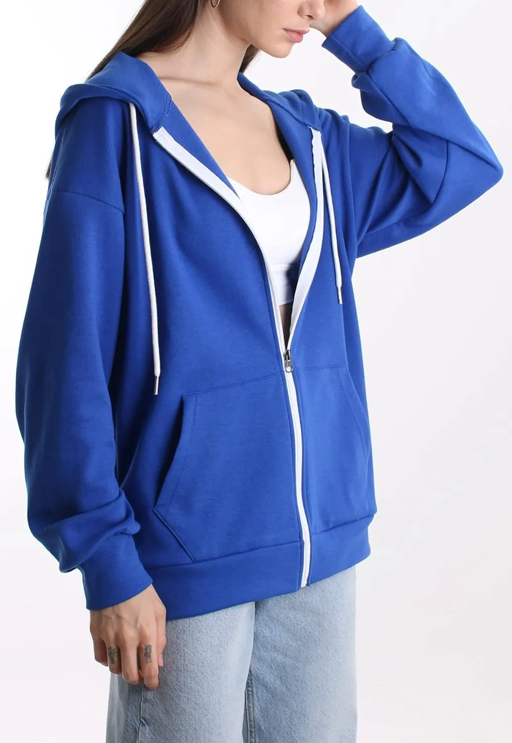 Oversized Women's Casual Full-Zip Hoodie Lightweight Long Sleeve Sweatshirt Casual Jacket with Pocket