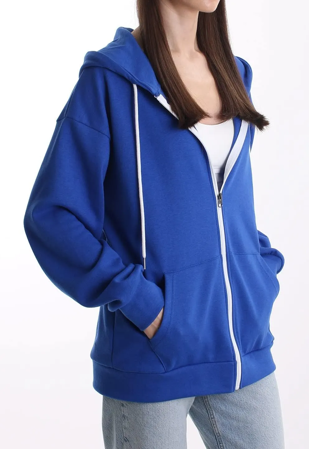 Oversized Women's Casual Full-Zip Hoodie Lightweight Long Sleeve Sweatshirt Casual Jacket with Pocket