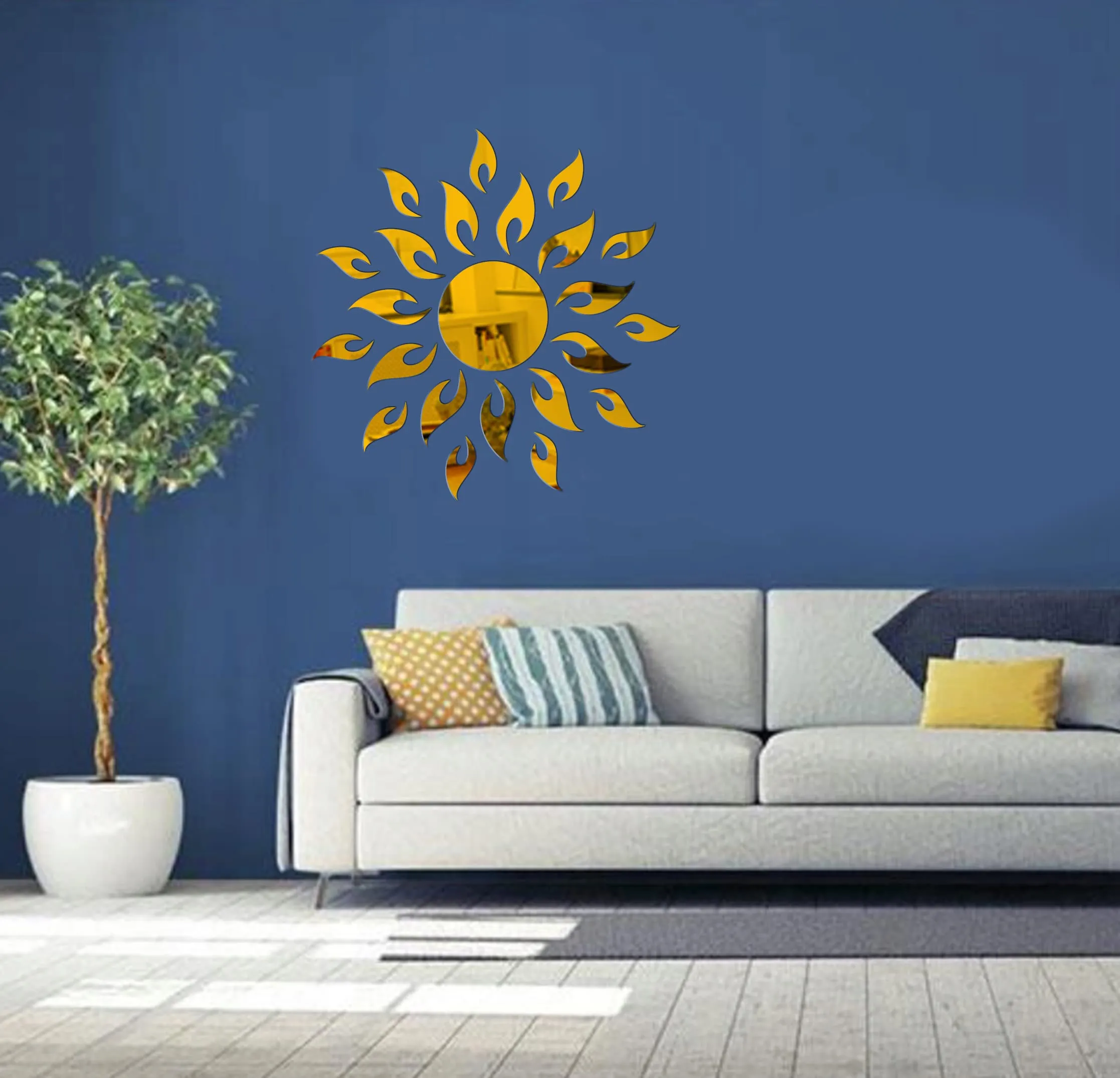 rawpockets Golden Sun with Rays 3D Acrylic Self Adhesive Mirror Sticker