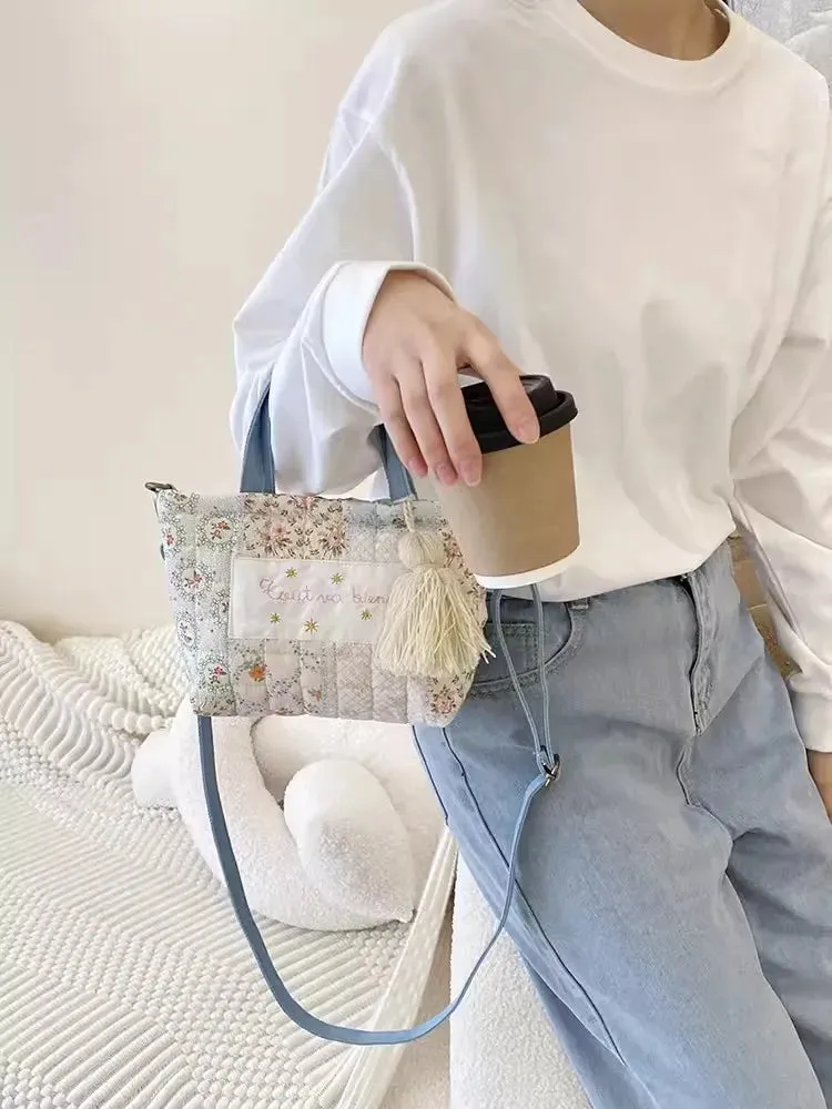 UAKISS  -  Woman Blue Floral Patchwork Shoulder Bag Quilted Cotton Adjustable Crossbody Bags Handbag Satchels