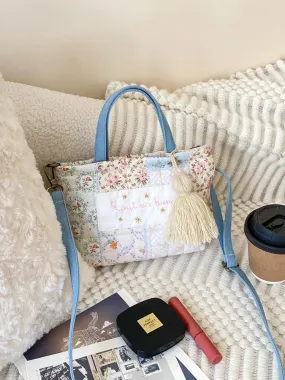 UAKISS  -  Woman Blue Floral Patchwork Shoulder Bag Quilted Cotton Adjustable Crossbody Bags Handbag Satchels