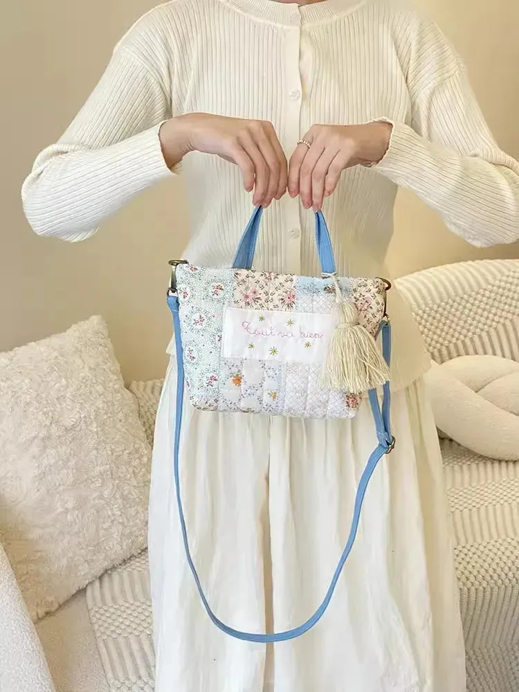 UAKISS  -  Woman Blue Floral Patchwork Shoulder Bag Quilted Cotton Adjustable Crossbody Bags Handbag Satchels