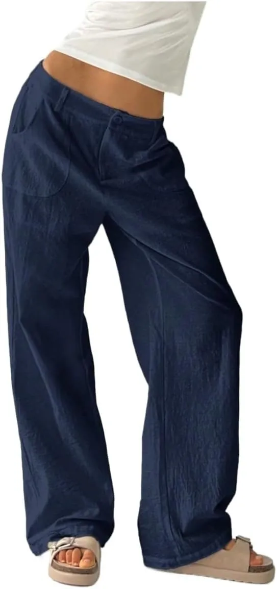 Women Casual Plain Casual Straight Leg Trousers with Pockets Low-Rise Work Pants