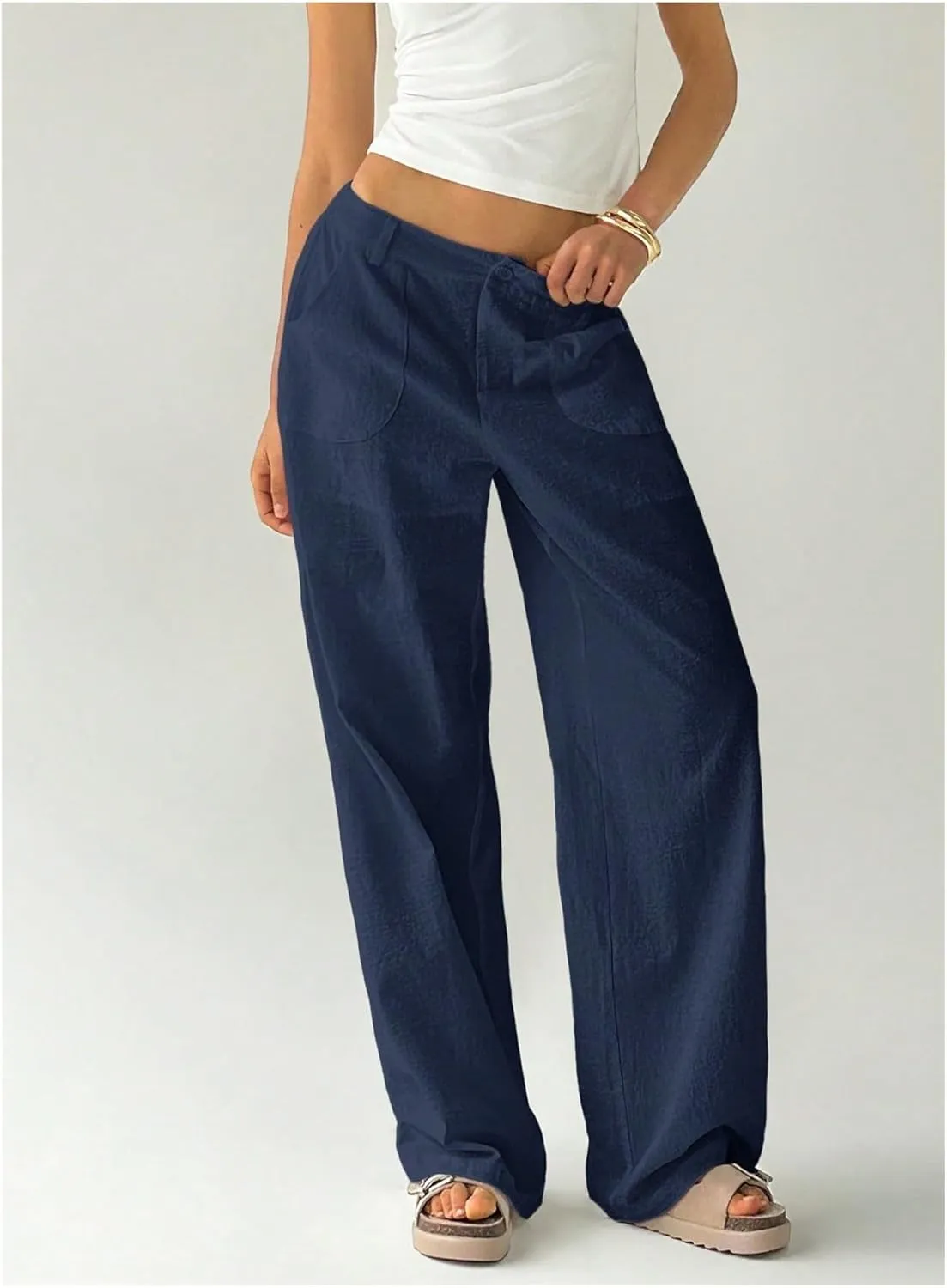 Women Casual Plain Casual Straight Leg Trousers with Pockets Low-Rise Work Pants