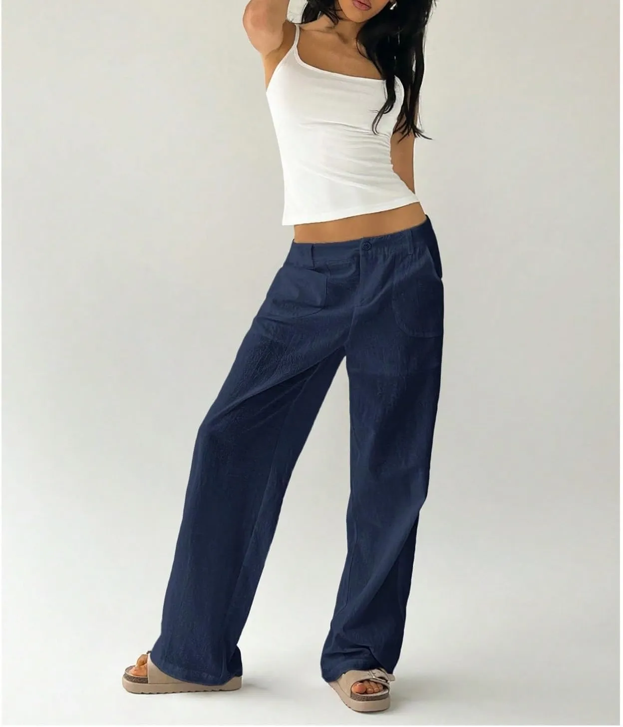Women Casual Plain Casual Straight Leg Trousers with Pockets Low-Rise Work Pants