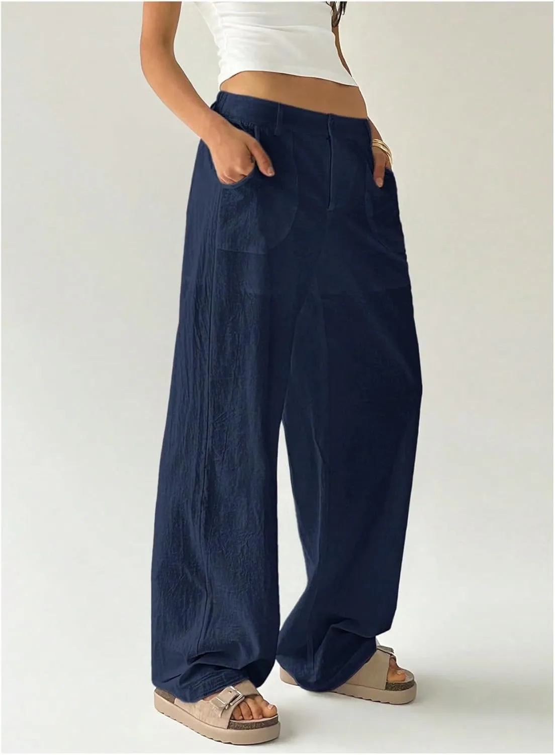 Women Casual Plain Casual Straight Leg Trousers with Pockets Low-Rise Work Pants
