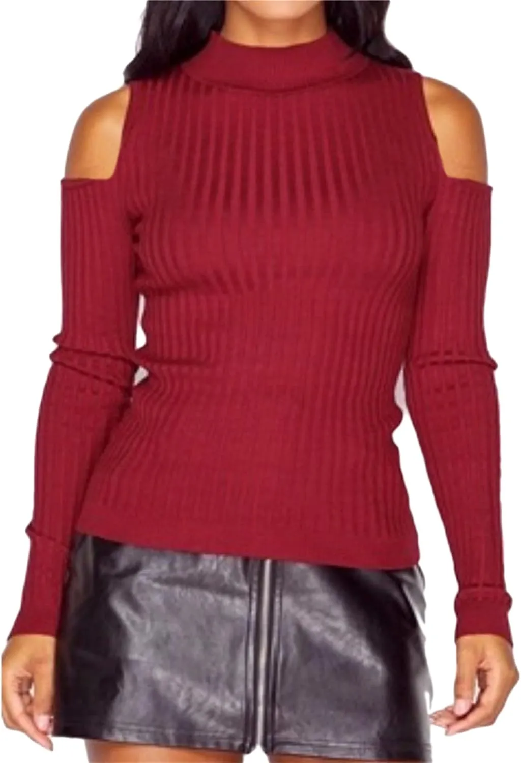 YMING Womens Fall Casual Cold Shoulder Sweater Casual Mock Neck Kitted Pullover Jumper Tops