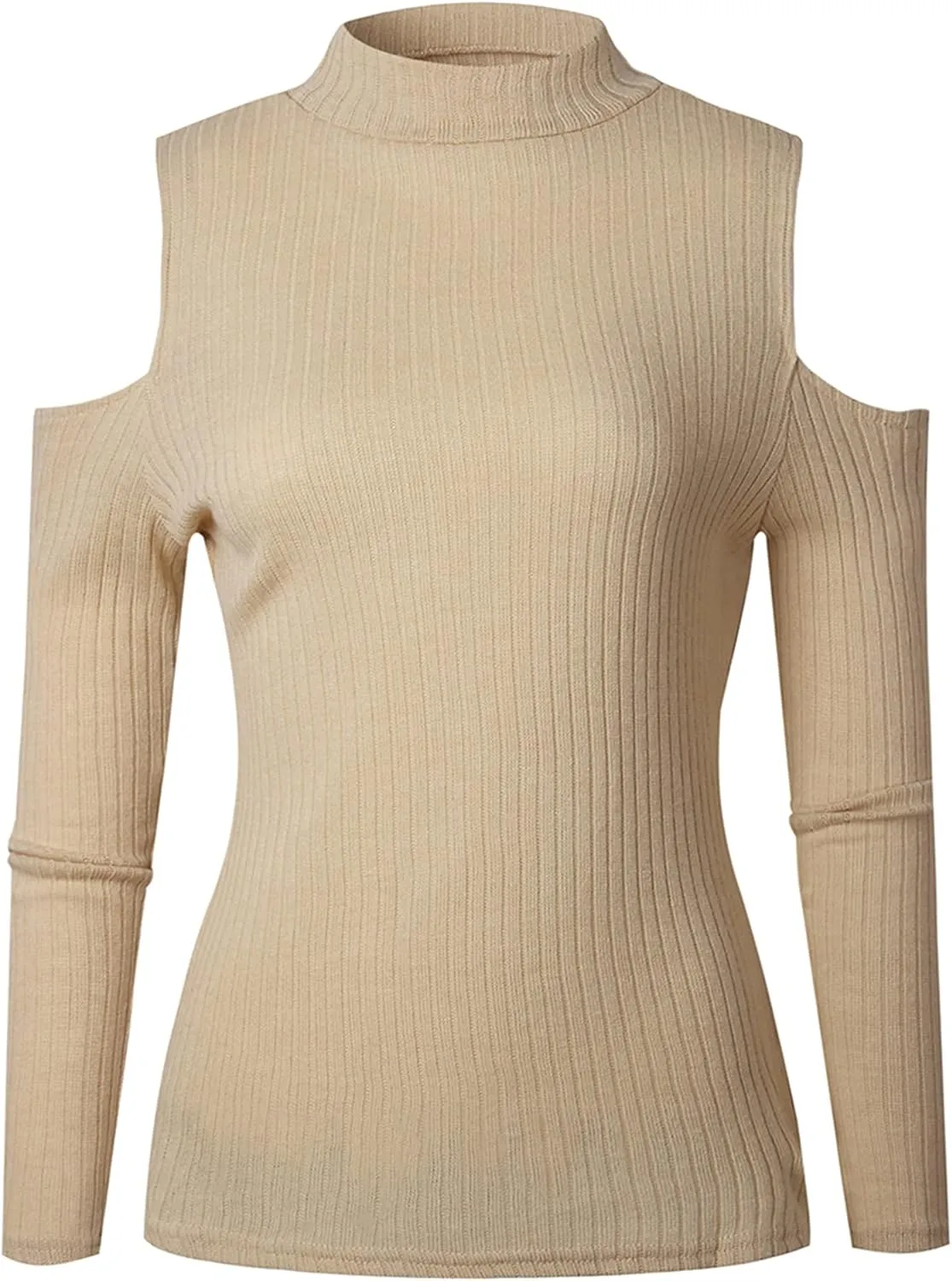 YMING Womens Fall Casual Cold Shoulder Sweater Casual Mock Neck Kitted Pullover Jumper Tops