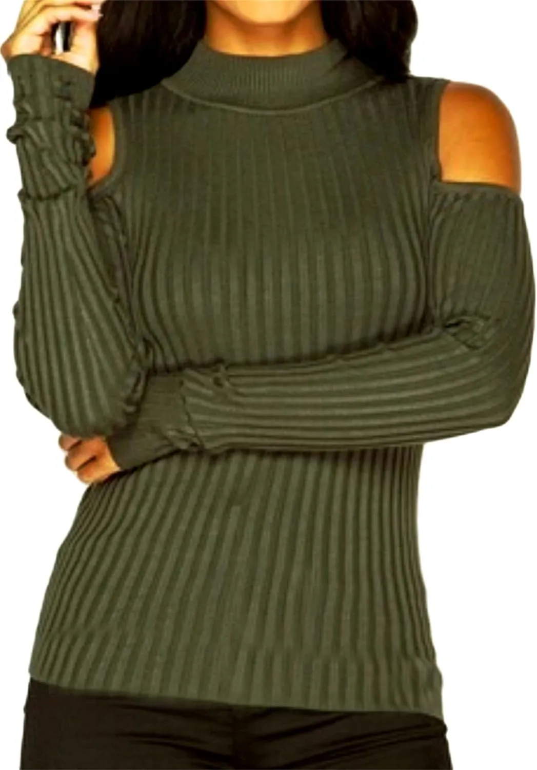 YMING Womens Fall Casual Cold Shoulder Sweater Casual Mock Neck Kitted Pullover Jumper Tops