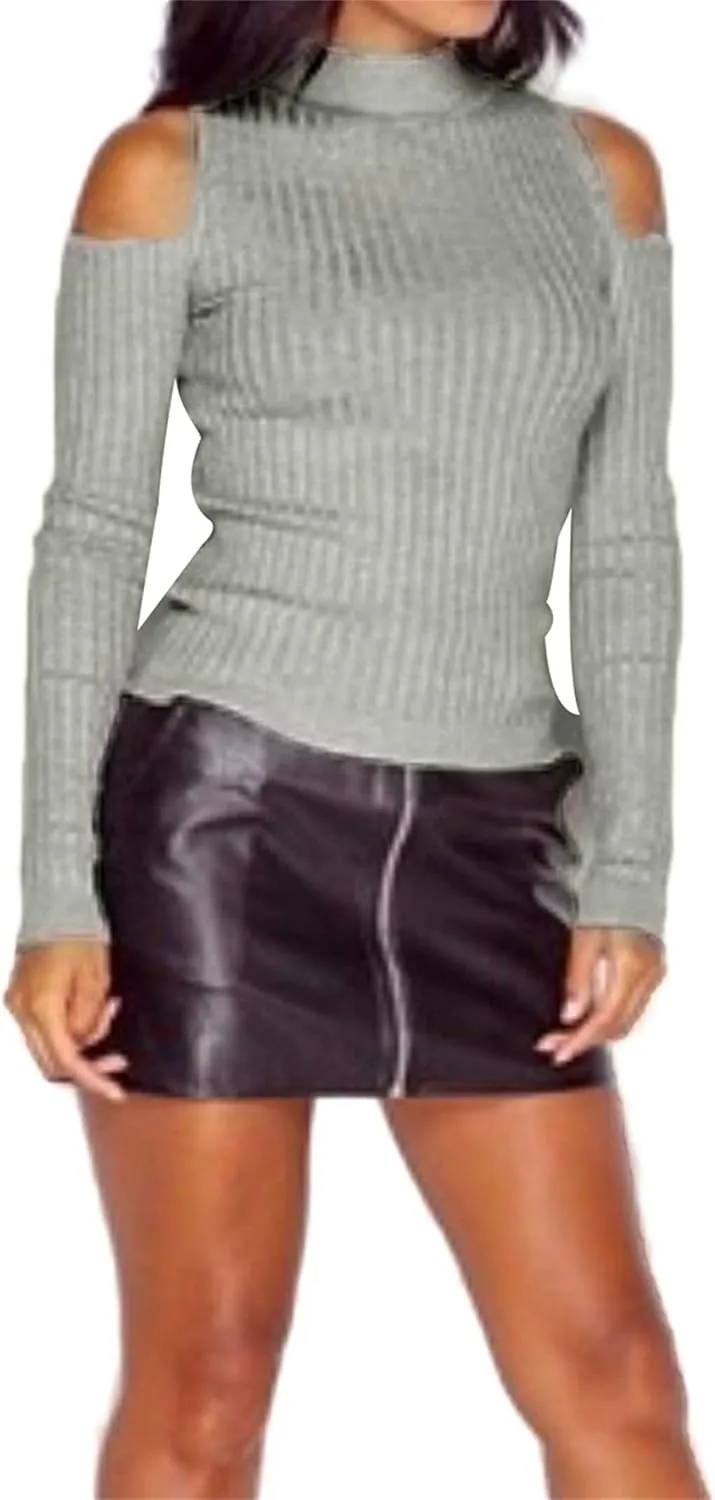 YMING Womens Fall Casual Cold Shoulder Sweater Casual Mock Neck Kitted Pullover Jumper Tops