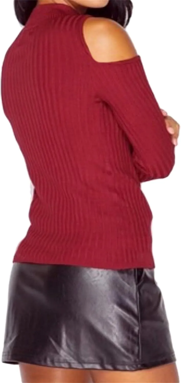 YMING Womens Fall Casual Cold Shoulder Sweater Casual Mock Neck Kitted Pullover Jumper Tops