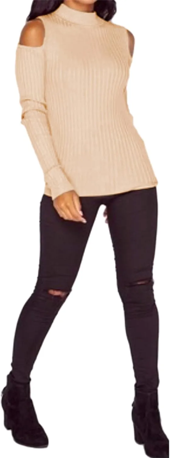 YMING Womens Fall Casual Cold Shoulder Sweater Casual Mock Neck Kitted Pullover Jumper Tops