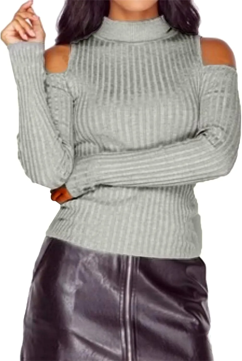 YMING Womens Fall Casual Cold Shoulder Sweater Casual Mock Neck Kitted Pullover Jumper Tops
