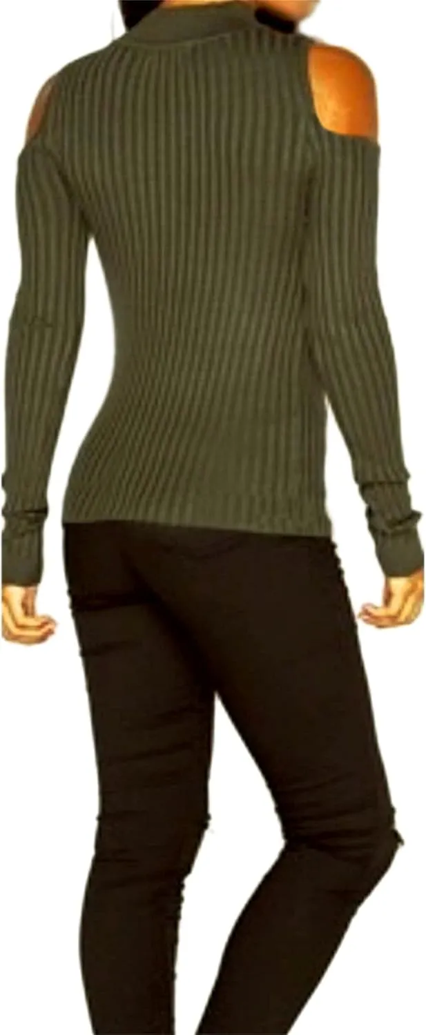 YMING Womens Fall Casual Cold Shoulder Sweater Casual Mock Neck Kitted Pullover Jumper Tops