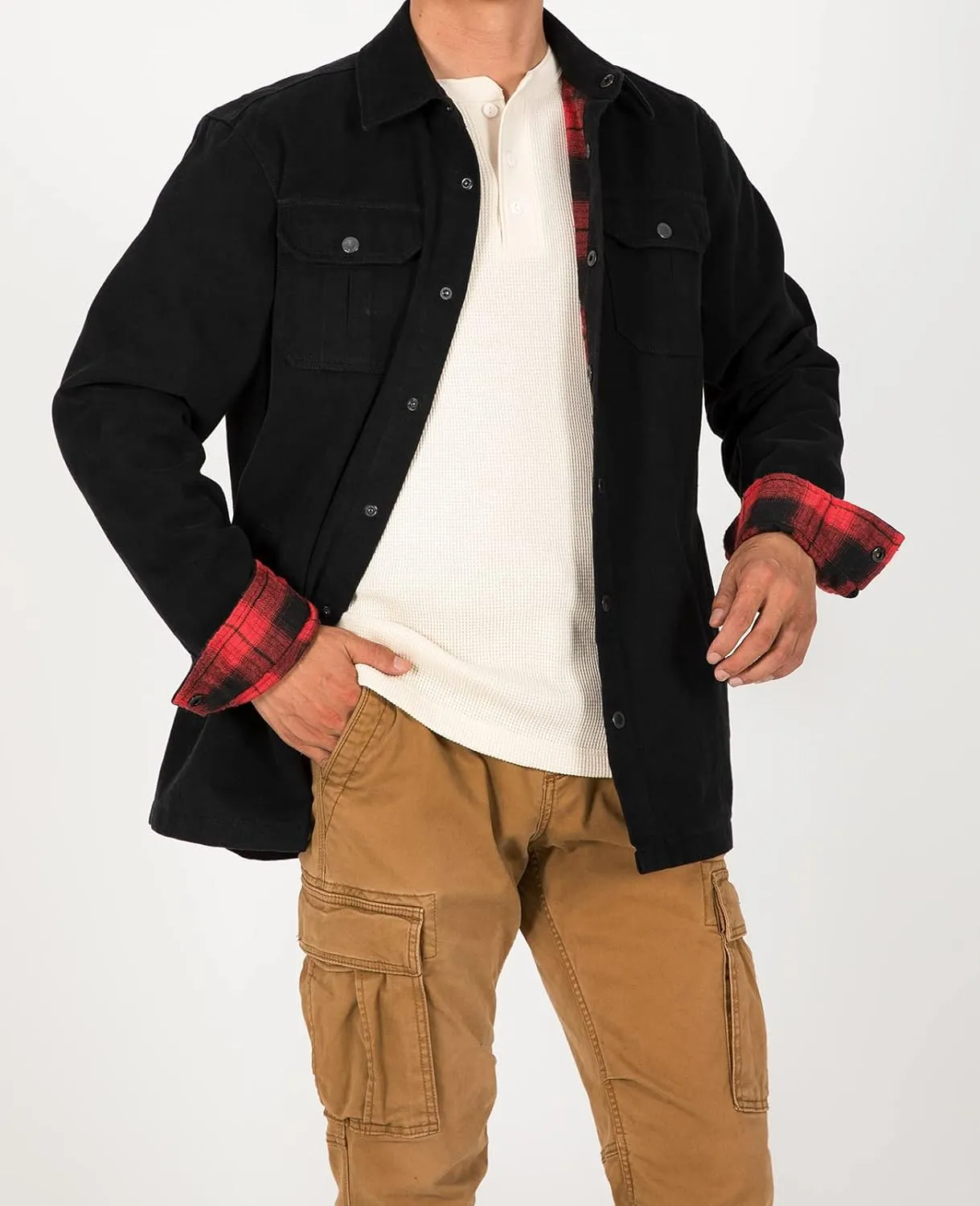 ZENTHACE Men's Heavy Washed Rugged Cotton Shirt Jac Outdoorsy Utility Jacket(Full Flannel Lined)
